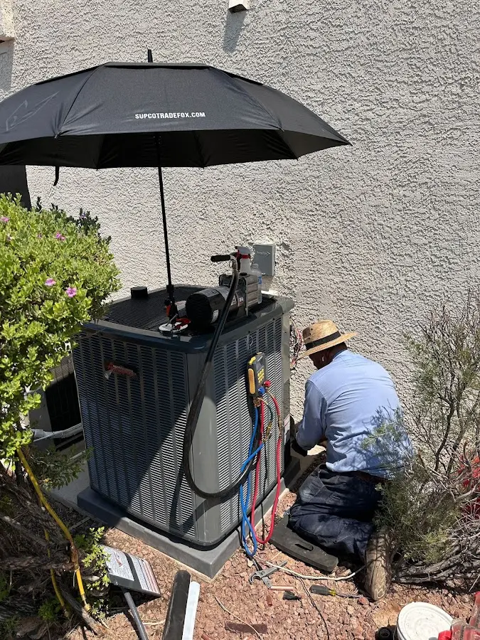 HVAC technician performing outdoor AC maintenance in Minnetrista